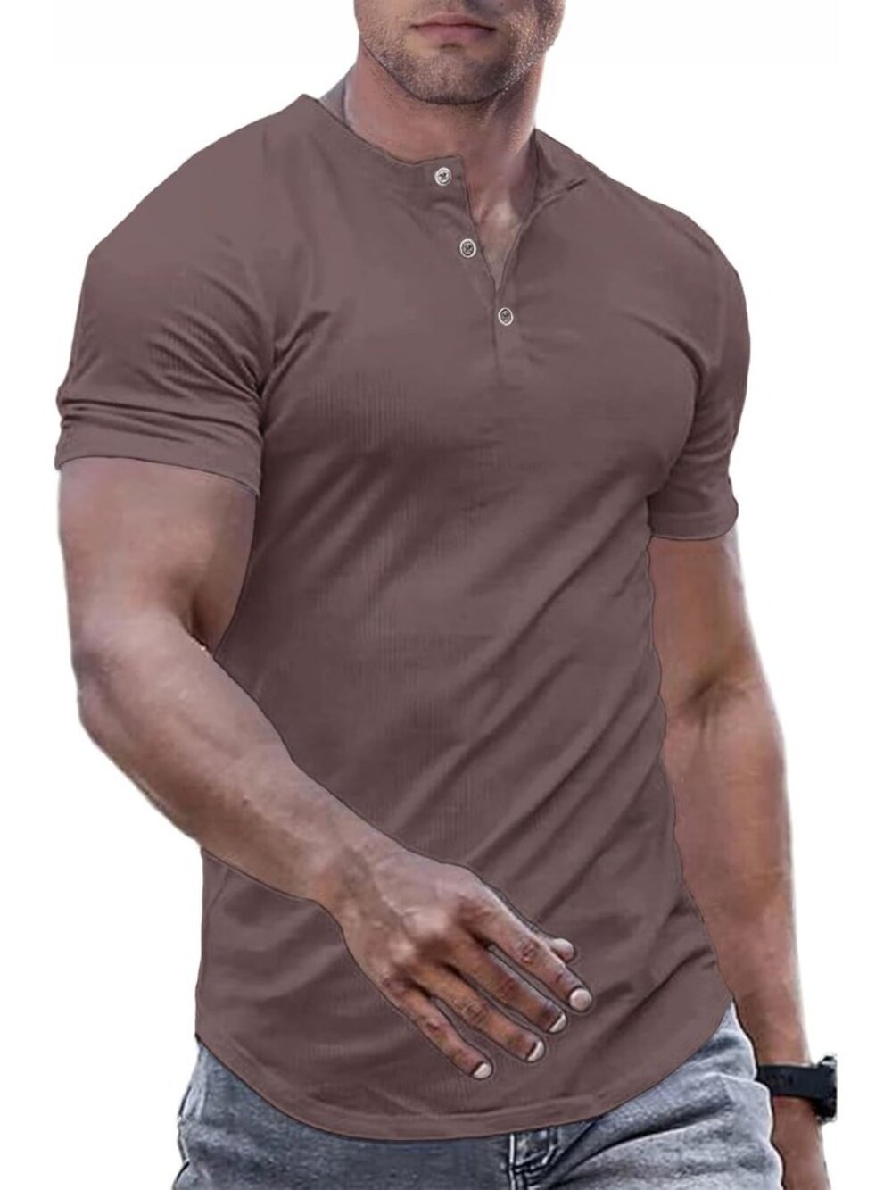 Men's Brown Muscle Slim Henley Crewneck Longline Athletic Button Tees Shirts